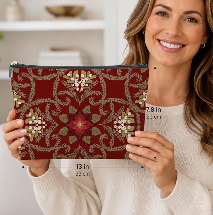 Vintage Red Floral Empty Mahjong Tile Bag 13x7.8 Inch, | Chinoiserie Printed Portable Travel Case Organizer Zipper Pouch for American Mahjong Tiles Game Night Accessories and Gifts