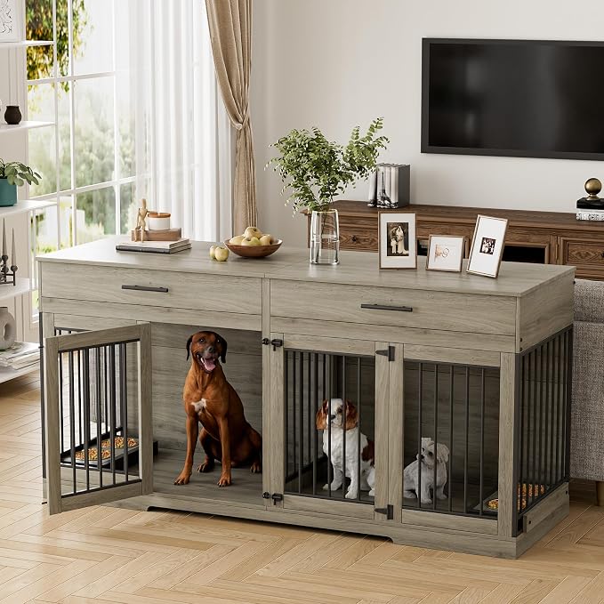 Rophefx 72" Double Dog Crate Furniture with Drawers and Divider, Grey | Wooden dog kennel for 2 medium dogs with 2 drawers, removable divider, 4 bowls and TV stand top