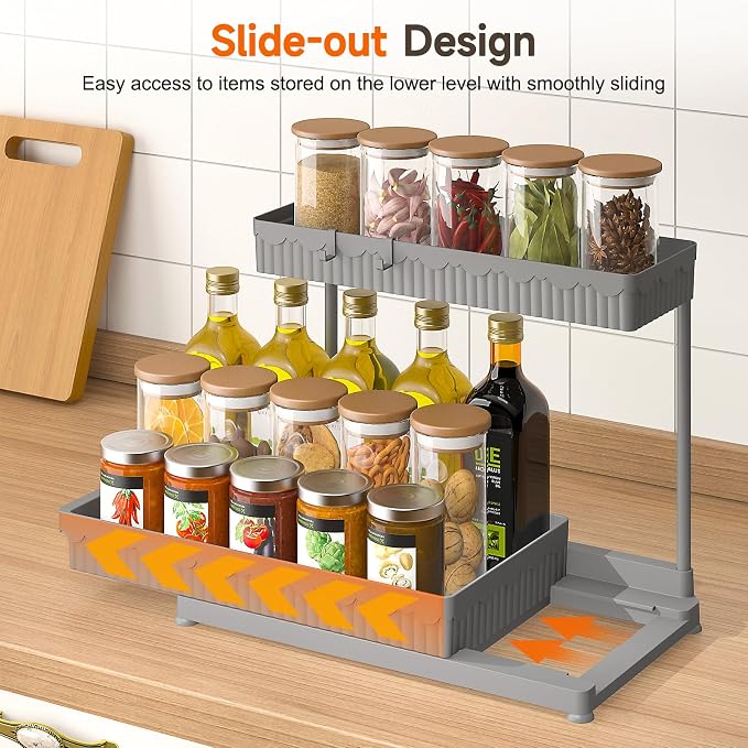 3-Pack 2-Tier L-Shaped Under Sink Organizers with Sliding Drawers | Multi-use kitchen & bathroom storage, 12.85 inch grey cabinet organizer, space-saving sliding drawer design.