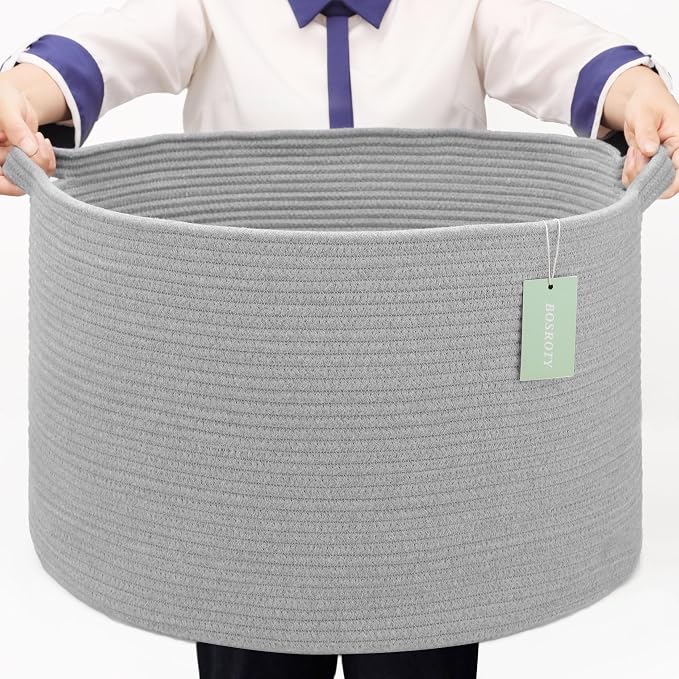 Cotton Rope Basket for Boys Kids, 87L Laundry Hamper, Light Gray