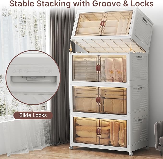 Stackable Storage Bins with Lids, 1440QT Lockable Storage Cabinet | Folding Storage Box with Doors and Wheels, Collapsible Plastic Drawers for Home, Garage, Office