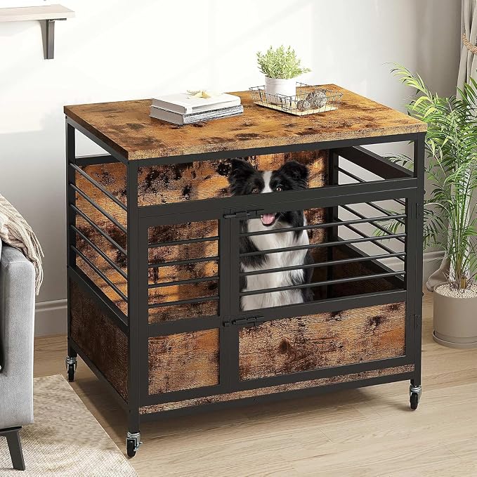 DWVO 32 Inch Dog Crate Furniture Corner End Table with Wheels | Dog Kennel Indoor Furniture for Small Dogs, Modern Decorative Wooden Dogs Cage, Chew-Resistant, Rustic Brown