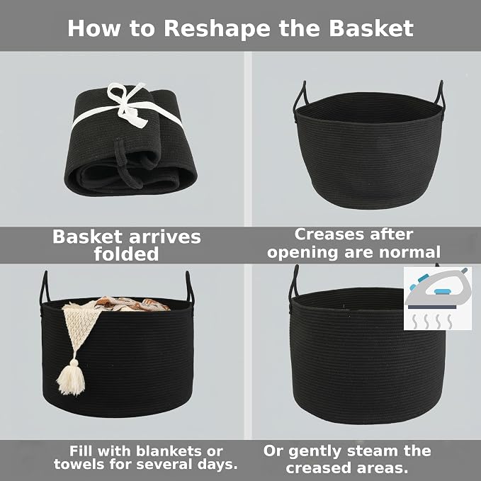 XUANGUO 66L Large Blanket Basket, Round Cotton Rope Basket, Black | 20" x 13" Laundry Basket with Sturdy Handles for Blankets, Pillows and Toys; Storage for Living Room, Bedroom and Nursery