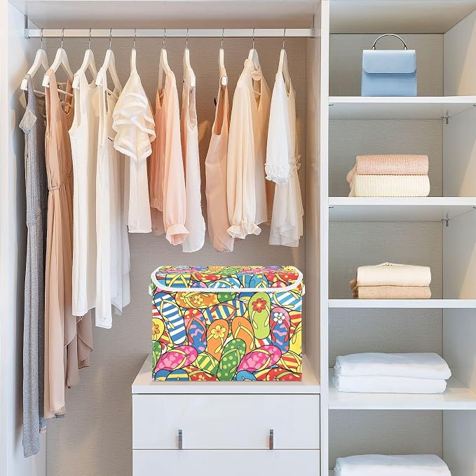 Storage Bins with Lid Flip Flop Foldable Storage Boxes 40L Baskets | Decorative Storage Boxes, Dust-Proof Flip Top, Reinforced Handles, For Home & Bedroom, Clothes & Toy Box, Oxford Fabric Print