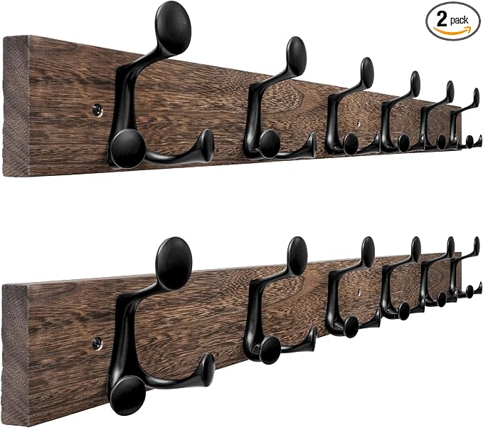 SKOLOO 36-Inch Wood Burnt Coat Rack Wall Mount with 6 Triple Hooks - Ideal for Family Entrances, Classrooms, and Pet Supplies Storage - Perfect Coat Hooks for Wall, Pack of 2