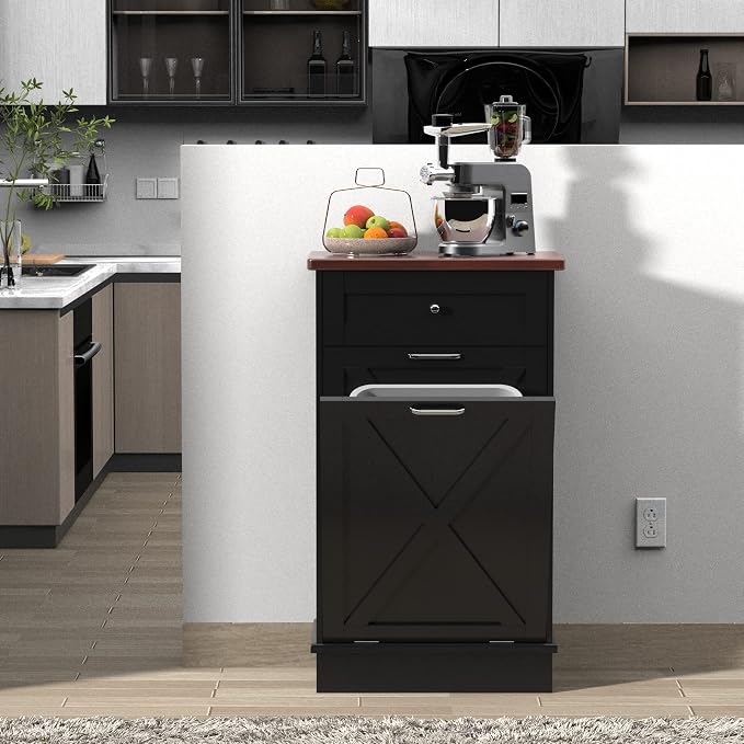 TOLEAD 10 Gallon Tilt Out Trash Can Cabinet Wooden Hidden Trash Cabinet with Solid Wood Top & Drawer, Farmhouse Kitchen Garbage Bin Enclosure Pet Proof Laundry Hamper for Kitchen, Bathroom Black