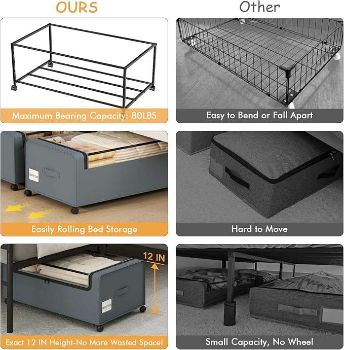 Webetop 12 Inch Under Bed Storage Containers, Rolling Organizer 2 Pack Grey | Transparent Cover, Reinforced Steel Frame, Smooth-Rolling Wheels, Easy Access, Seasonal Item Storage, Space Efficient