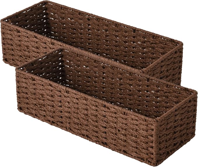 StorageWorks Toilet Tank Basket, Wicker Toilet Paper Baskets, Brown | Wicker Baskets for Bathroom Decor, Paper Rope Bathroom Basket Organizer and Storage for Tank Topper, 2 Pack