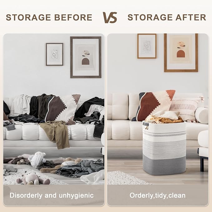 85L Tall Woven Laundry Basket Hamper with Leather Handles,Grey | collapsible wicker hamper, storage for dirty clothes, toys, blankets, gifts, living room, bedroom, bathroom, 17"x14"x22"