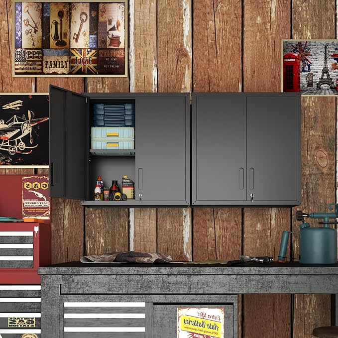 Metal Storage Cabinet for Garage, Tool Cabinet, Utility Cabinet | Wall Mounted, Hanging Tool Cabinet, Lockable, 2 Doors, Adjustable Shelves, Assembly Required, Black