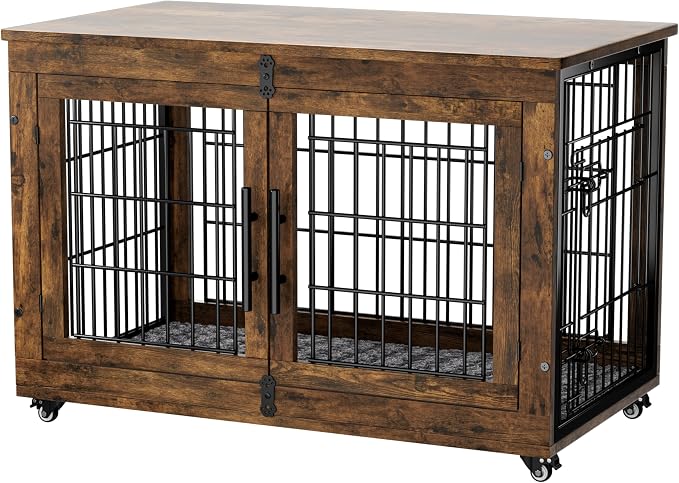 YaFiti Dog Crate Furniture, 38.5" Wooden Dog Kennel, 2 Pack, Rustic Brown | Cushion, Wheels, Double Doors, for Large/Medium Dogs, Up to 70 lb, Furniture Style, Side End Table, Decorative Pet Cage House