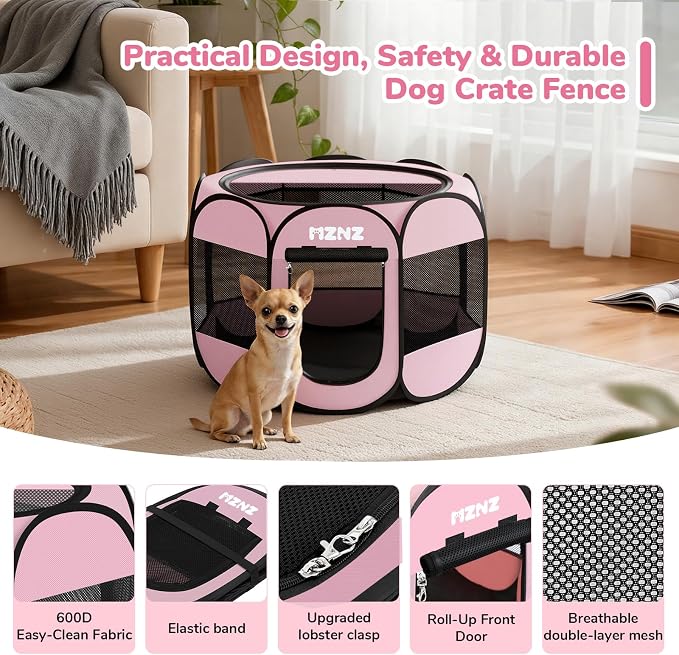 Dog Cat Small Animal Puppy Playpen Crate, Small, Whole Pink | Portable Pop Up Pet Cage Enclosure Tent Kennel Indoor Outdoor with Carrying Case, No Assembly, Camping Use