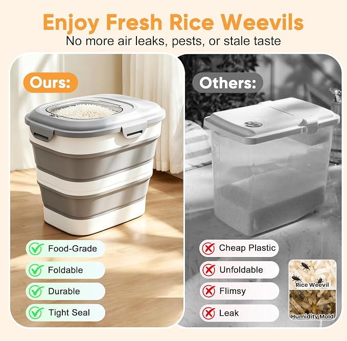 Rice Storage Container, 20 to 50Lbs Collapsible Airtight Rice Container, 30 Lbs Dog Food Storage Container with Wheels, Cup and Scoop, Food Dispenser Bin for Flour, Cereal, Flour, Cat, Bird, Pet