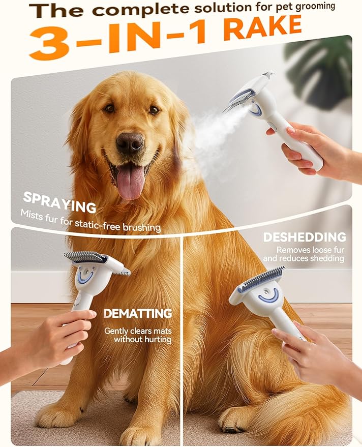 Dog Brush for Shedding with Steam, Dog Brush for Long Haired Dogs and Cats, Dual-Sided Dematting and Deshedding, Safe Non-Deforming Steel Pins, for Medium-Thick Coats Prone to Tangles & Shedding