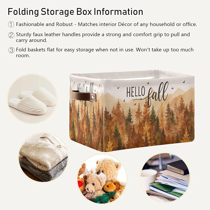 Wamika Hello Fall Forest Storage Basket with Waterproof Liner and PU Handles Maple Leaves Pine Tree Storage Bins Boxes 14.2" Collapsible Decorative Organizer Baskets for Bedroom Closet Office 1 Pack