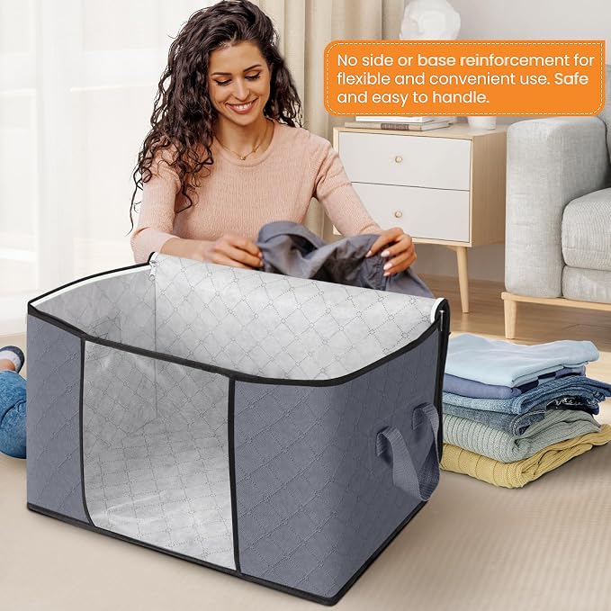 90L Clothes Storage, Foldable Thick Fabric Blanket Storage Bags | Foldable Containers with Zippers,Window and Handles for Organizing Bedroom, Closet, Comforter, Bedding,Dorm essentials