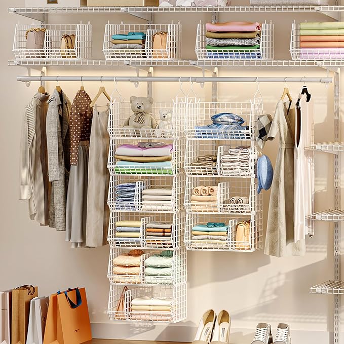 6 Tier Extra Large Hanging Closet Organizer, Closet Storage Hanging with Dividers, Wire Closet Shelf with 5 S Hooks 4 Dividers,Sweater Handbag Hat Accessory Storage Hanger,White