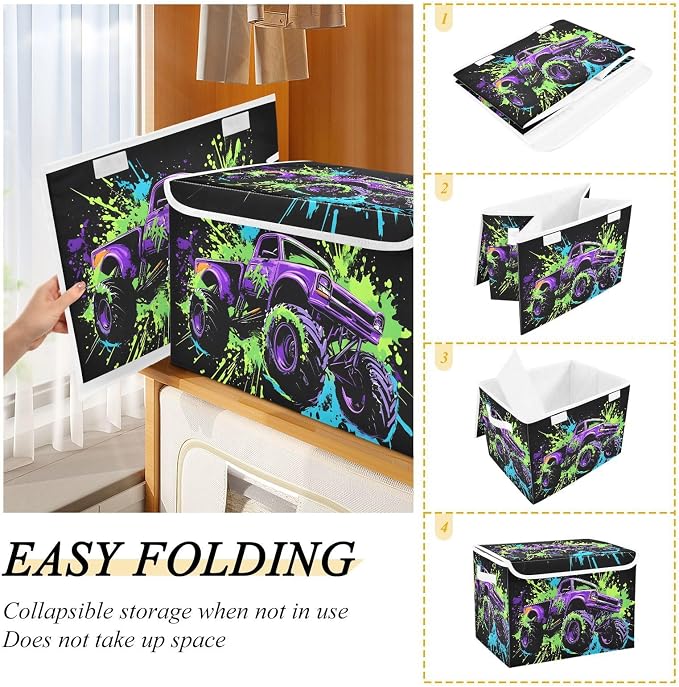 Fabric Storage Bins with Lid Monster Truck Closet Storage Basket 40L | Decorative Storage Boxes, 300D Oxford Cloth, Hollow Board Frame, Flip Top Velcro Lid, 16.5x12.6x11.8 inch, Collapsible Design