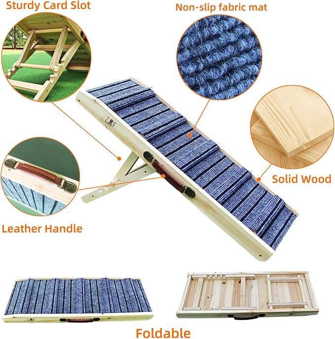 ZJSF Foldable Wooden Dog Ramp for High Bed, Dog Stairs for Small Dogs, High Traction Platform with 4 Adjustable Heights (5"-20.5"), 31.5" L, Supports up to 70 lbs,Small Size for Puppies