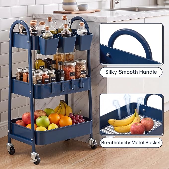 danpinera 3-Tier Rolling Cart, Utility Cart Mobile Metal Rolling Storage Cart with Lockable Wheels & Hanging Cups & Hooks for Kitchen, Bathroom, Office, Workshop, Dark Blue