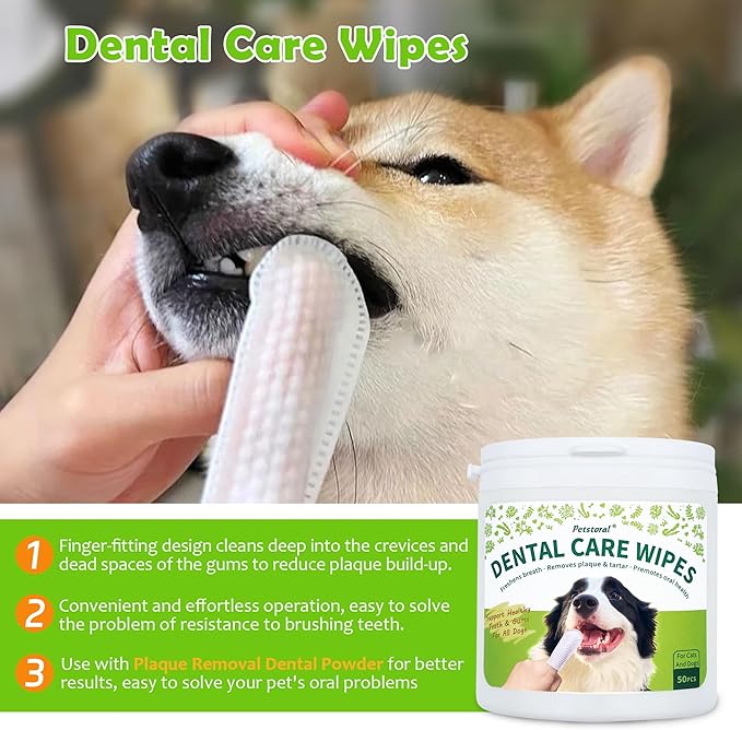 Petstoral Dental Cleaning Kit, Dental Care Wipes to Clean Plaque on The Surface of The Teeth, Beef Liver Flavour Dental Powder with Probiotic to Solve Oral Problems from The Inside of Digestion