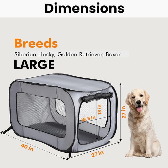 Portable Collapsible Pop Up Kennel, 40" L x 27" W x 27" H, Gray | Collapsible indoor/outdoor travel cat and dog crate with mesh screen windows pops up and folds flat for easy storage