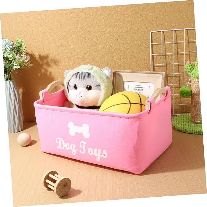 Zerodeko Pink Felt Dog Storage Bin with Handle Large Sundries Organizer for Pet Food Clothes Spacious Pet Holder Box to Keep Accessories Neat and Portable