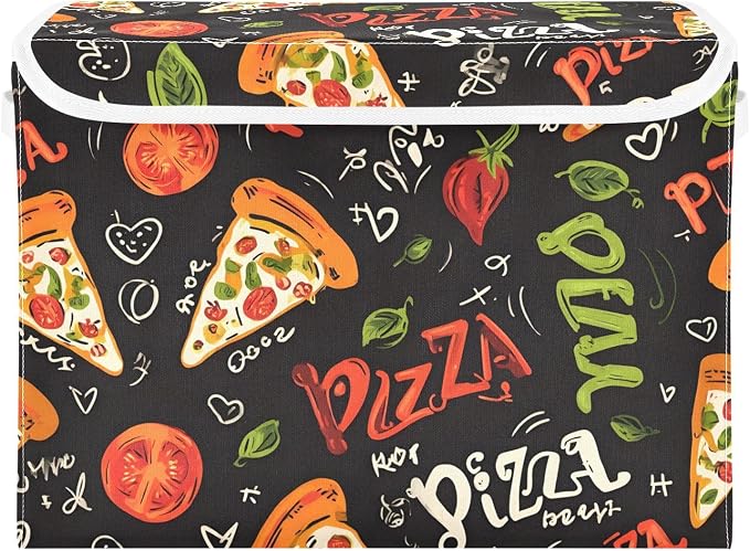 Pizza Fabric Storage Bins with Lid Large Organizer Containers 40L Baskets | Decorative Storage Boxes, Dust-Proof Flip Top, Reinforced Handles, For Home & Bedroom, Clothes & Toy Box, Oxford Fabric Print