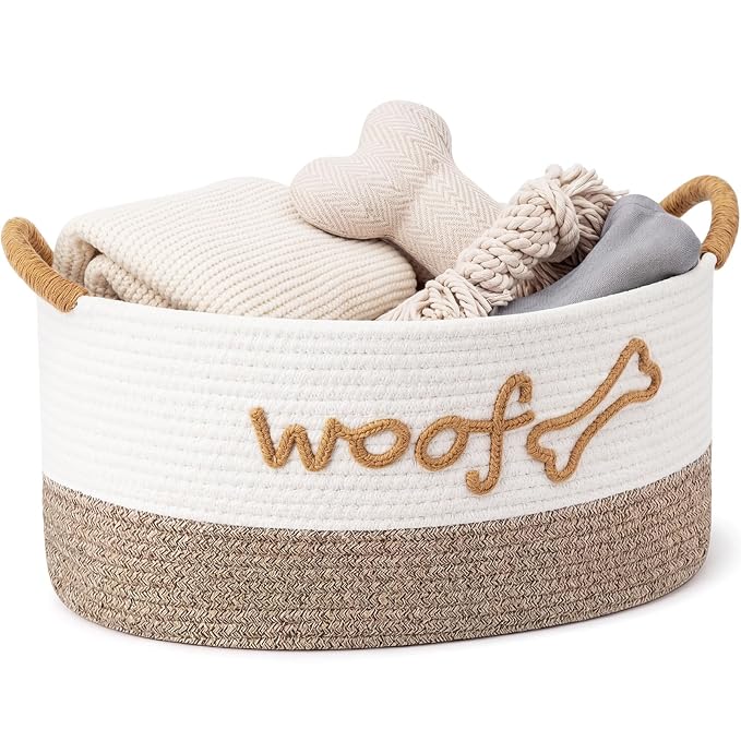 Zhehao Dog Woven Toy Basket with Handles, 19 x 11 x 9 in, White Flaxen | Cotton Rope Dog Toy Storage Bin, Pet Basket with Woof Bone Embroidery, for Puppy Bone & Blankets