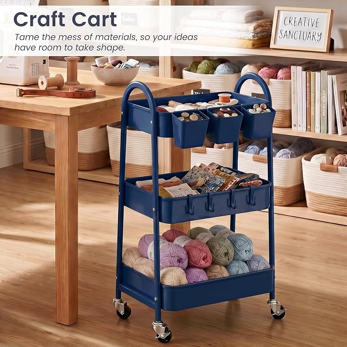 danpinera 3-Tier Rolling Cart, Utility Cart Mobile Metal Rolling Storage Cart with Lockable Wheels & Hanging Cups & Hooks for Kitchen, Bathroom, Office, Workshop, Dark Blue