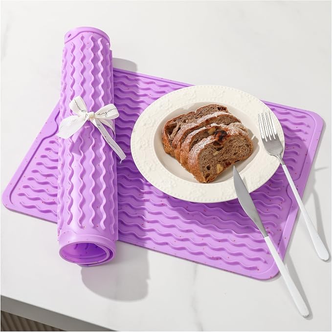 CAKETIME 2 Pack Multicolor Silicone Dish Drying Mat for Kitchen Counter Waterproof Place mats Sink Protector Stove Top Organizer Appliance Vanity Trays Dryer Rack Drainers Items 15"x11.5" Purple