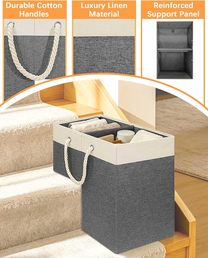 LHZ.K Stair Basket with Removable Divider & Sturdy Handles,1pcs Grey | 16" Rigid Foldable Stair Storage Basket for Carpeted & Wooden Stairs, Large Capacity for Laundry, Toy, Pet Supplies & Clutter