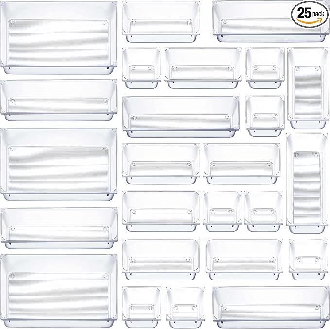 Seseno 25 PCS Clear Plastic Drawer Organizers Set, 4-Size Versatile Bathroom and Vanity Drawer Organizer Trays, Storage Bins for Makeup, Bedroom, Kitchen Gadgets Utensils and Office Accessories