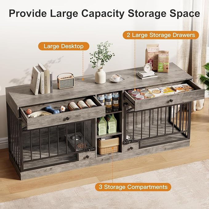 Dog Crate Furniture for 2 Dogs, Double Dog Crate TV Stand, Gray | 78.7'' Large Dog Kennel Indoor, 2 Storage Drawers, 3 Shelves and Feeding Bowls, Pet Kennel for Small and Medium Dogs