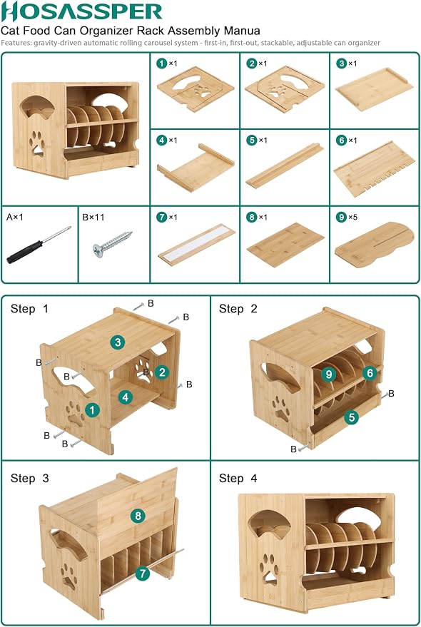 Bamboo Cat Food Can Organizer. Upgraded 2-tier stackable design Holds 42 (3oz) cans. Perfect for pantry/kitchen Durable & space-saving pet food storage rack (Small)