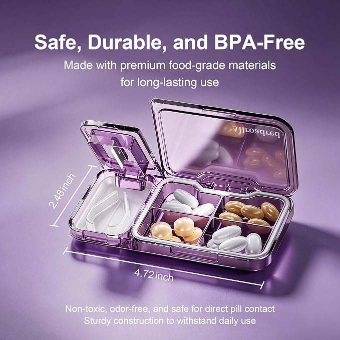 2-in-1 Pill Cutter and Splitter with Pill Organizer, Airtight Moisture-Proof Pill Case, Stainless Steel Blade for Tablets, Vitamins & Supplements, Travel Pill Case (Deep Purple)