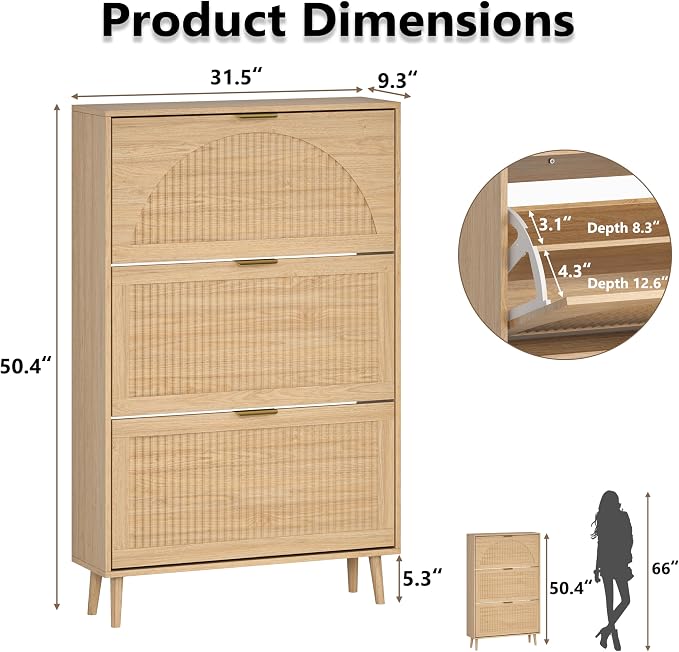 BORNOON Shoe Cabinet for Entryway with 3 Flip Drawers, Slim Wooden Shoe Storage Organizer with Modern Fluted Pannel，Freestanding Narrow Hidden Shoe Rack for Hallway, Foyer, Living Room