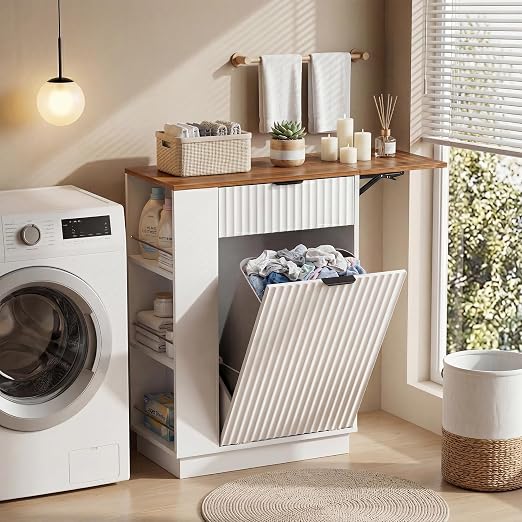 Kitchen Island Tilt-Out Trash Can Cabinet, 10 Gallon Fluted Laundry Hamper Cabinet with Drawers, Multipurpose Kitchen, Bathroom, Living Room Wooden Trash Bin