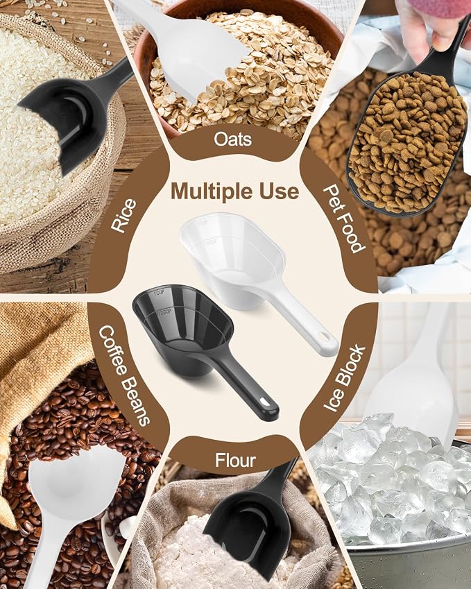 2 Pack Dog Food Scoop, 1 Cup Pet Food Scoop With Measuring Lines | Black and White, Clear Markings for Precise Measuring 1/2 and 1 Cup Lines,Dishwasher Safe,Plastic,Portable and Sturdy