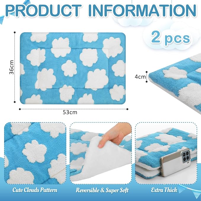 2 Pack Self Warming Cat Mat Self Heating Pad Bed Reversible Machine Washable Reflects Body Heat Warm Thermal Pet Pad Crate Blanket for Feral and Indoor Cat (Blue, White,21" X 14",Clouds)