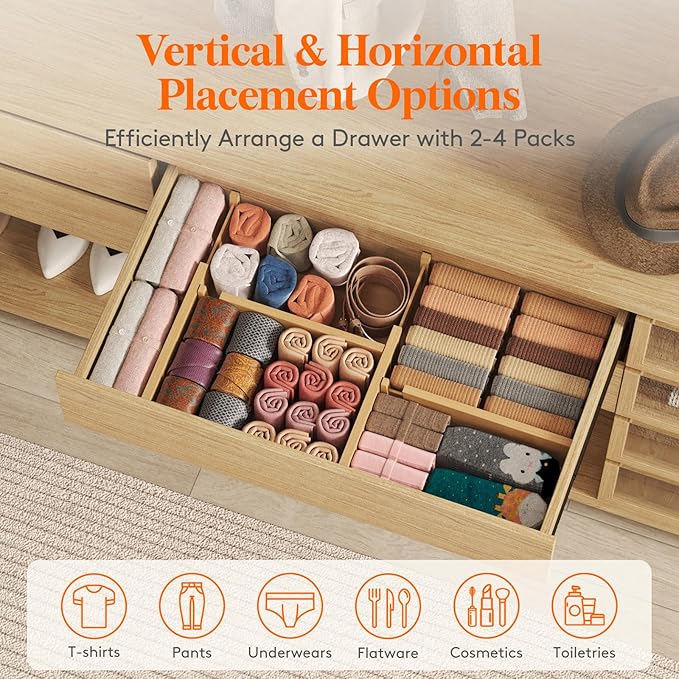 Lifewit 4" High Dresser Drawer Dividers, Adjustable Bamboo Drawer Organizer | 5 Pack 12"-16" Expandable Drawer Separator for Clothes, Utensils, Kitchen, Cabinet, Closet, Nursery Organization & Storage