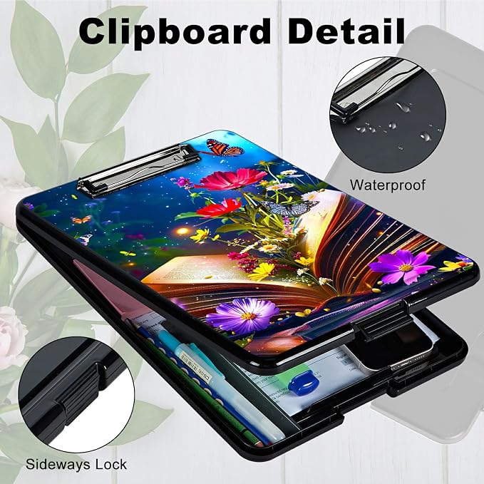 Book Flower A4 Clipboard with Storage Pen Holder, Clipboards Organizer Nursing Clipboard Foldable File Folder Plastic Clipboard Folio Clip Board for Office Students Classroom Doctor
