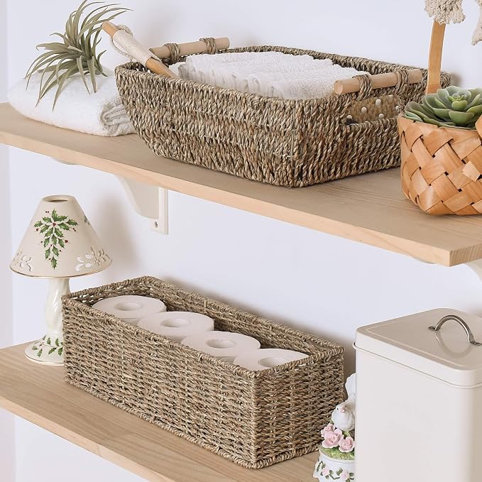 StorageWorks Toilet Paper Basket, Bathroom Basket Organizer for Storage | Long Narrow Wicker Seagrass Storage Baskets for Tank Topper, Decorative Toilet Tank Basket for Bathroom, Pantry, 2-Pack