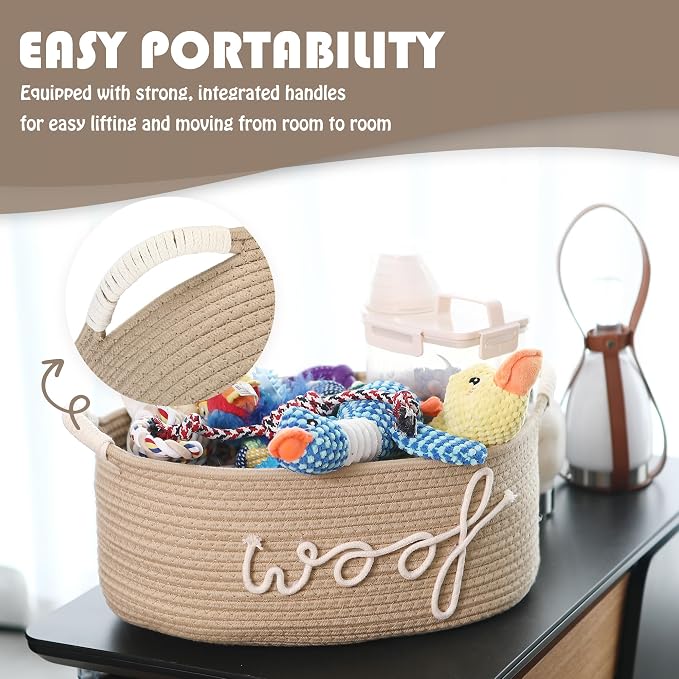 Sea Team Dog Toy Storage Basket with Handles, Beige Woof | Large Cotton Rope Storage Bin, Shelf Basket, Organizer for Pet Chew Toys, Foods, 16.5 x 11 x 7 Inches, 4.4 Gallons