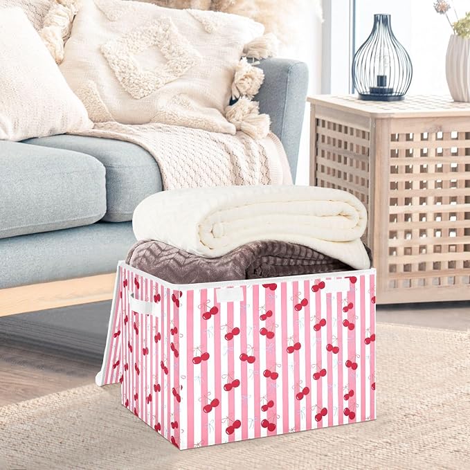 Cherry Fabric Storage Bins with Lid Storage Baskets for Organizing Nursery | Decorative Storage Boxes, Foldable & Stackable, Dust-Proof Flip Top, Reinforced Handles, For Home & Dorm, Clothes & Toy Box