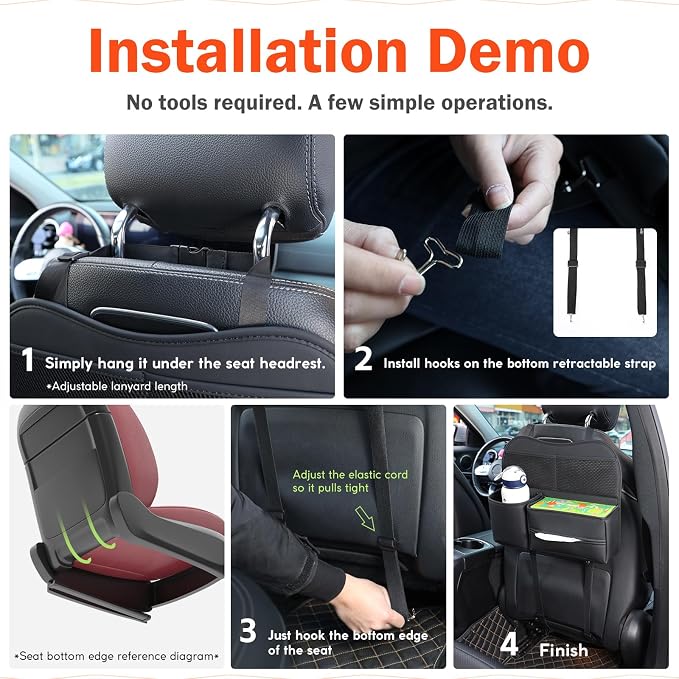 Multifunctional Car Seat Back Organizer with Large Tissue Box Holder, Large Water Bottle Storage, Phone Pouch for Road Trips (Black)