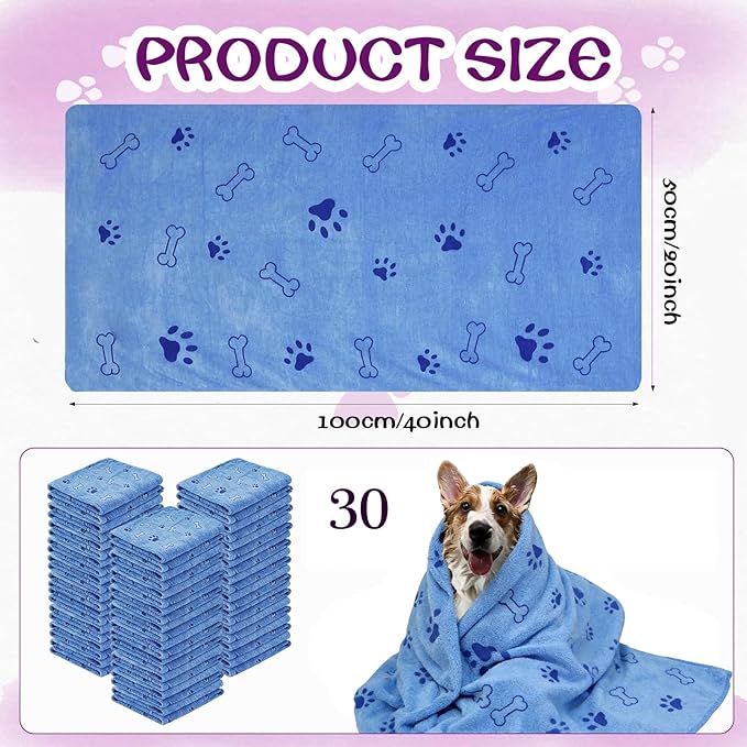30 Pcs Dog Towels for Drying Dogs Bulk 20 x 40 Inch Quick Drying Pet Bath Towels Colorful Pet Grooming Towel Absorbent Microfiber Towel for Small Medium Large Dog Puppy Cat (Blue)