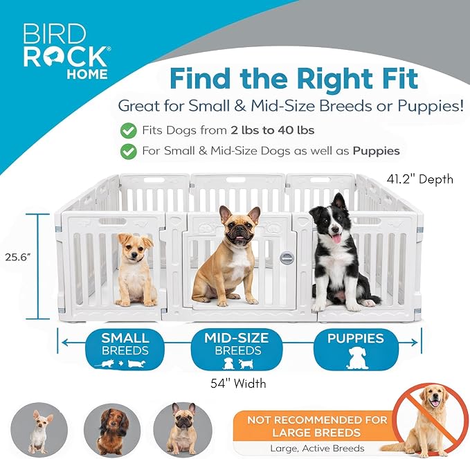 BIRDROCK HOME Pet Playpen with Door | 12 Panel | Fits: Toy or Small Dogs up to 40lbs. | Strong Plastic | Puppy Safety Fence Pen Playpen | Non-Slip & Secure Dog Gate | White