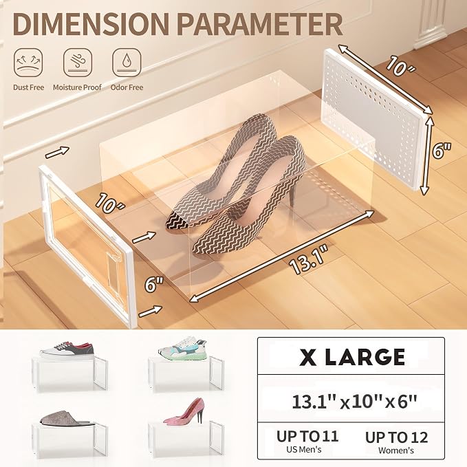 12 Pack X-Large Stackable Clear Plastic Shoe Storage Boxes Organizer, White | Easy to Assemble and Stack, Fit Size 10, Ventilated Dust-Proof, For Sneaker, Closet, Entryway, Under Bed, Replace Shoe Rack