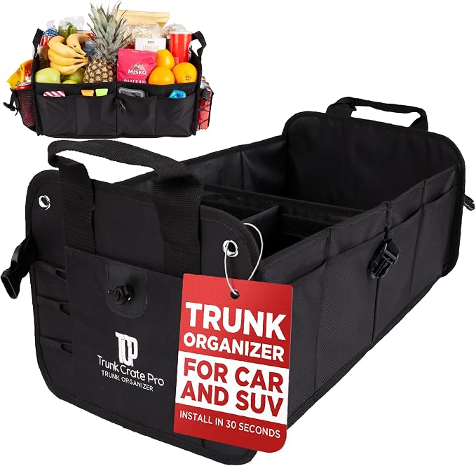 Car & Vehicle Trunk Organizer for SUV, Truck & Auto Storage, Standard Black | Fits Cars, SUVs & Trucks3 Adjustable Compartments Non-Slip Base & Straps Collapsible Heavy-Duty Storage Car Accessories